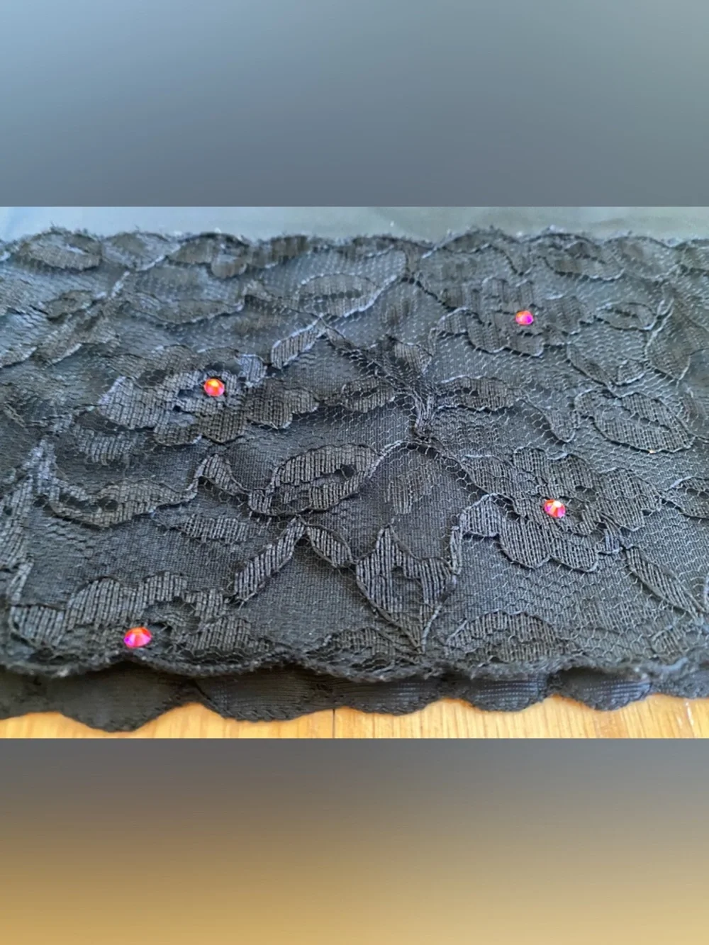 Vintage 60s Embellished Nylon Half Slip *Medium* BLACK Red Side Split Lace Slip - Picture 3 of 5